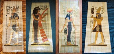 Collection Set 4 Huge Signed Egyptian Papyrus Museum Art Paintings_32X12'' Inches