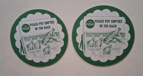 2-- Coca Cola Vintage Paper Coasters "Please Put Empties In The Rack",  1950s