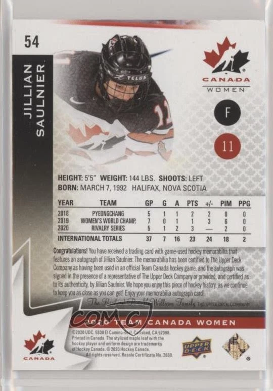 2020 Team Canada Juniors Women's WC Autos /199 Jillian Saulnier #54 Patch Auto - Image 2 of 2