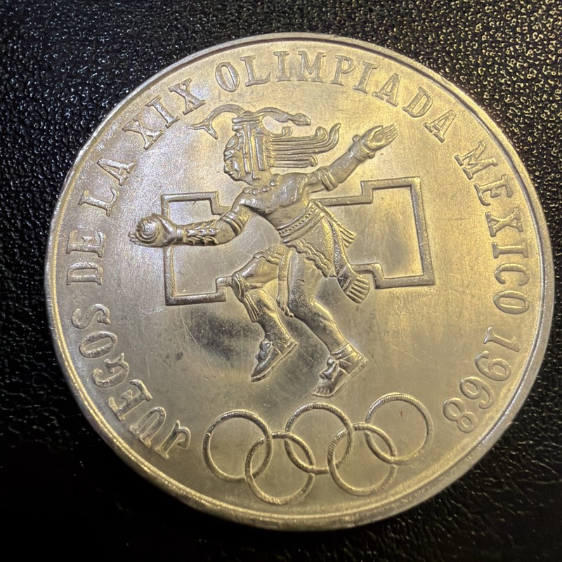 1968 MEXICO CITY OLYMPICS SILVER 0.720 LEY 25 PESOS COIN Br67