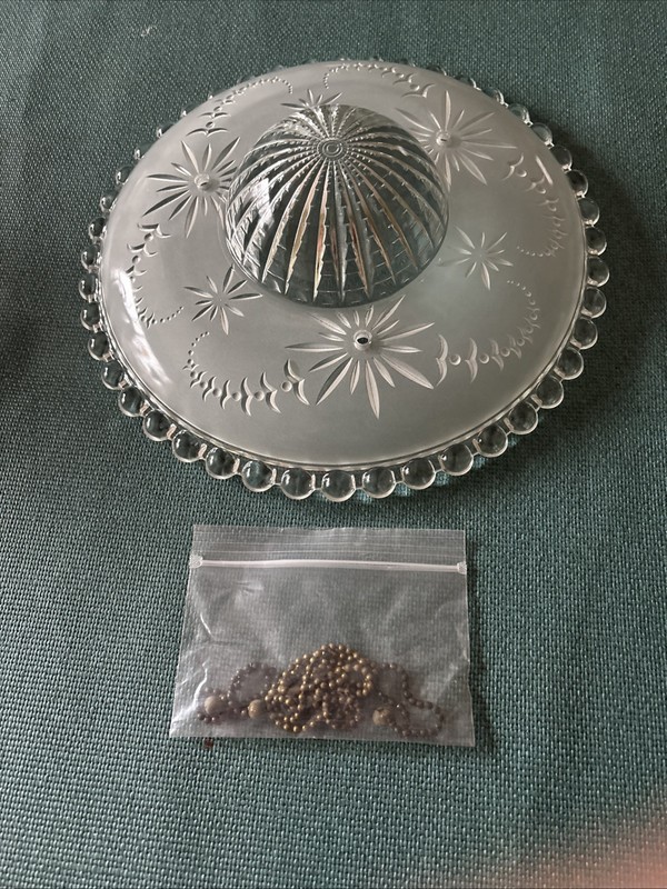 Antique Frosted Glass Lamp Shade with Clear Beaded Art Deco-11" dia. With Chains