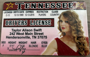 Taylor Swift Fake Driver's License (Front and back) for Fun and Entertainment