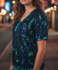 Vintage Mark & John by Gopal Silk Blue Green Sequined Beaded Short Sleeve Top L