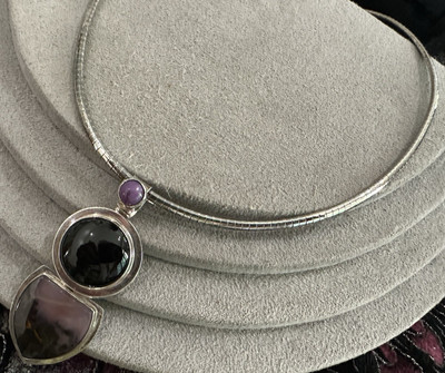 Vintage Sterling Silver Rose Moss Agate Onyx Amethyst Pendant Omaga Chain 17''
