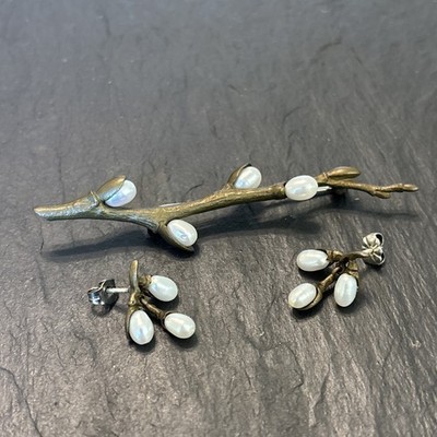 Michael Michaud Pussywillow Bronze Pearl Brooch Post Earrings Set Vintage 5c