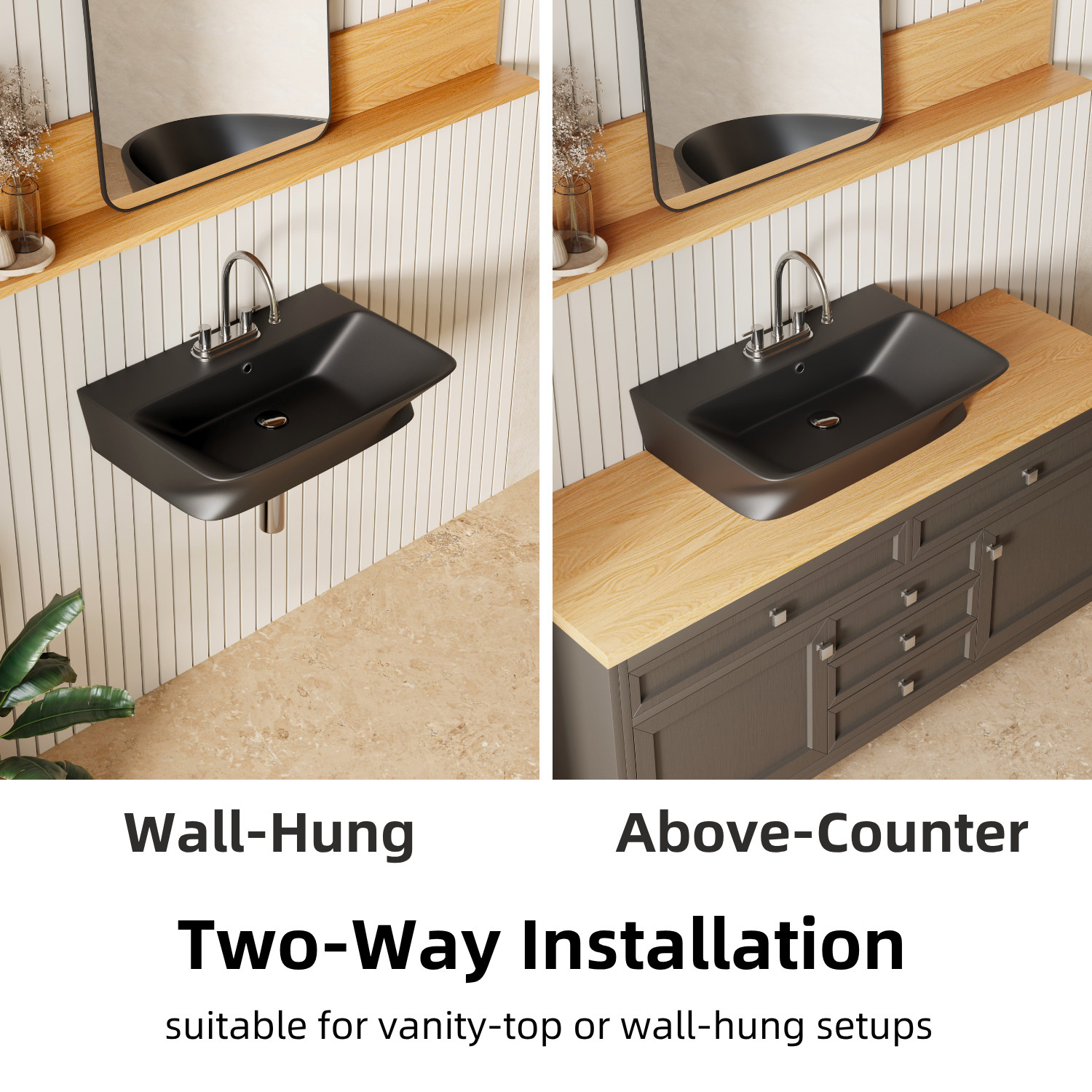 24" Matte Black Wall Mount Bathroom Sink 4" Centerset with Overflow & 3 Holes