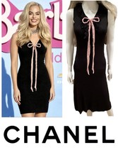 Chanel Vintage 2000 Barbie Black Pink Bow Midi Maxi Dress 36 38 40 4 6 8 Vtg M S