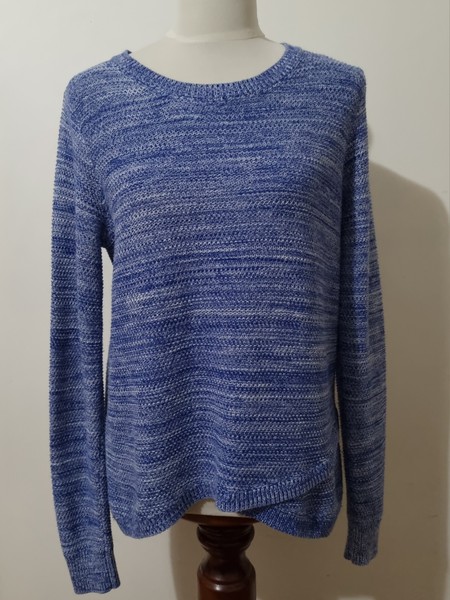 Dotti Blue White Knit Jumper Womens L Crew Neck Tulip Crossover Hem Sweater