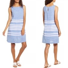 Blue White Linen Shift Dress Sz Xl Beach Coastal Resortwear Preppy Loose Casual