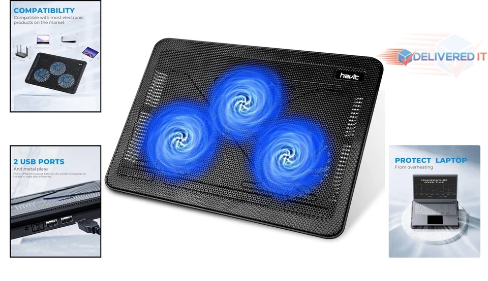15.6-17 Inch Laptop Cooling Pad Black Blue Slim Portable USB Fans Stand - Image 2 of 4
