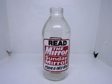 Vintage glass 1pt milk bottle with printed advertising -1980's Sunday Mirror