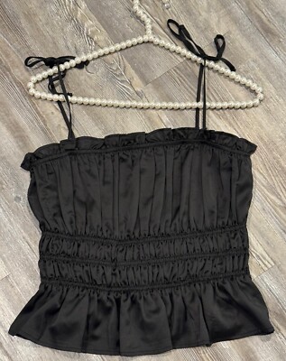 Francesca s Mi Ami Black Satin Squared Neck Ruffled Tied Straps Cropped Top M