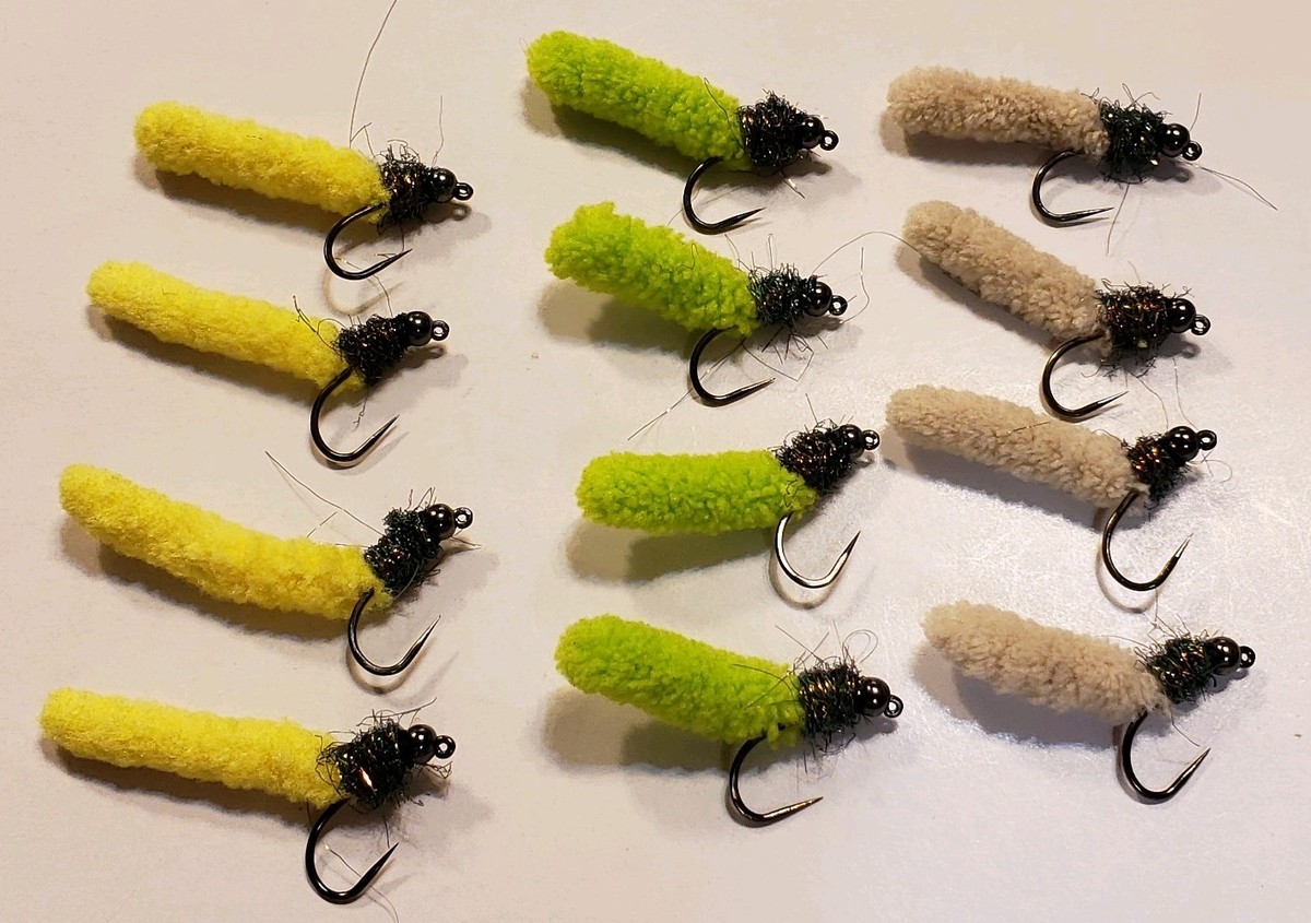 Fly Fishing Flies, 12 Beaded Dust Mop Fly colors size 10
