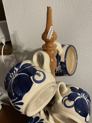 Mexican Ceramic Coffee Mug Set of 6 w/ Stand Unsigned Blue And White | eBay