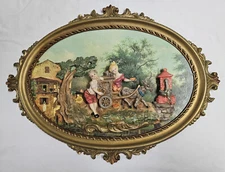 Vintage 25" Italian Wall Art 3D Plaque Hanging Resin Children Donkey Cart Relief