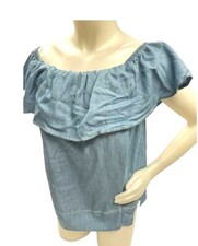 GLAM Apparel Spray Off Shoulder Top NWT Size M Ruffle Chambray Blue USA Made