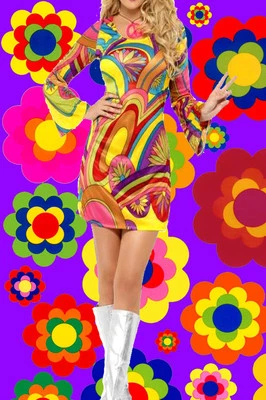 113✪ knallbuntes Trompetenärmel Psychedelic Hippie Kleid Kostüm Revival Gr. M