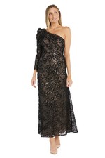 R M Richards Black Nude One Long Sleeve Floral Lace Sequin Gown Size 12 179