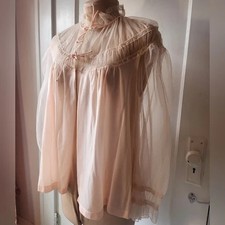 Vintage 60s Pale Pink Sheer Bed Jacket Chiffon Nylon Tie Closure Long Sleeve