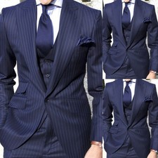 Business Striped Men's Suit Navy Blue Jacket Single Breasted Peak Lapel 3Pcs