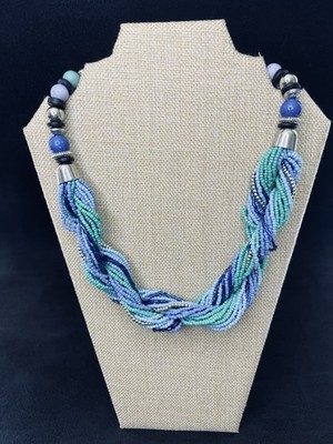 Bold Blue Multi-Strand Beaded Statement Necklace | Turquoise & Silver Tone 18 