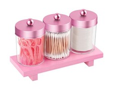 Pink Qtip Holder Bathroom Set - 3 Pack Apothecary Jars with Metal Lids and Va...