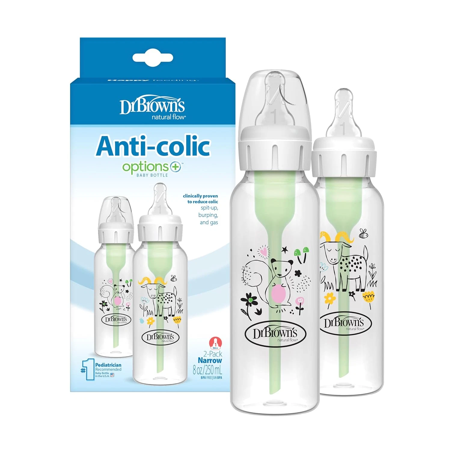 Natural Flow Anti-Colic Options+ Narrow Baby Bottle, Goat and Squirrel, 8 Oz/250