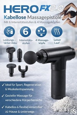 HERO FX3.0 Massagepistole   Leistungsstark & kabellos   4 Massageköpfe