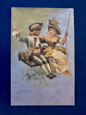 Antique Postcard Boy & Girl on Swing Moire Effect W&K London