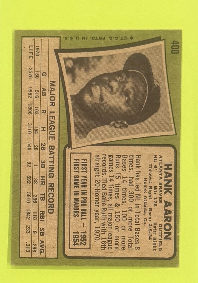 Topps Hank Aaron 1971 ~ Braves Salón de la fama Foto 2 de 2