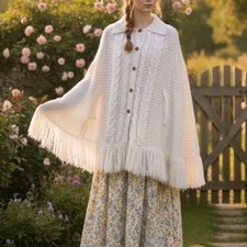 Vtg 70s 80s Boho Cable Knit Fringe Cape Cream Ivory Arm Slots Cozy One Size
