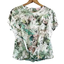 Tryst Womens S T-Shirt Twist Front Round Neck Abstract Green Pink White Active 