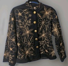 Vtg New Direction Embroidered Jacket Womens Lg Black Gold Floral Sequined Blazer