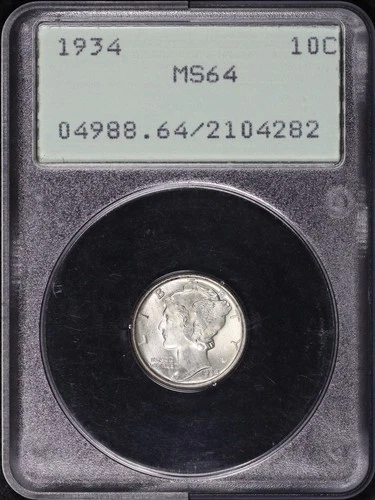 1934 Mercury Dime PCGS MS-64 Old Green Rattler Holder