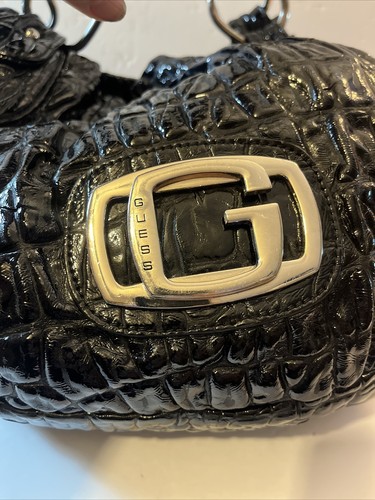 GUESS BLACK SHINY Patent LEATHER SHOULDER BAG Faux CROCODILE Purse Logo Sling Lg - Picture 3 of 11
