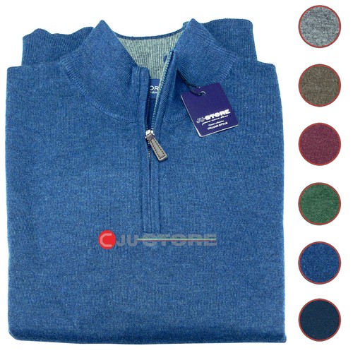 Maglia lupetto con zip di cashmere, seta e lana per uomo colore blu