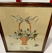 Arts & Crafts Nouveau TEXTILE Antique VTG Oatmeal LINEN Floral Embroidery SILK