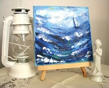 Original oil painting small size Stormy seascape with a boat wall, shelf decor