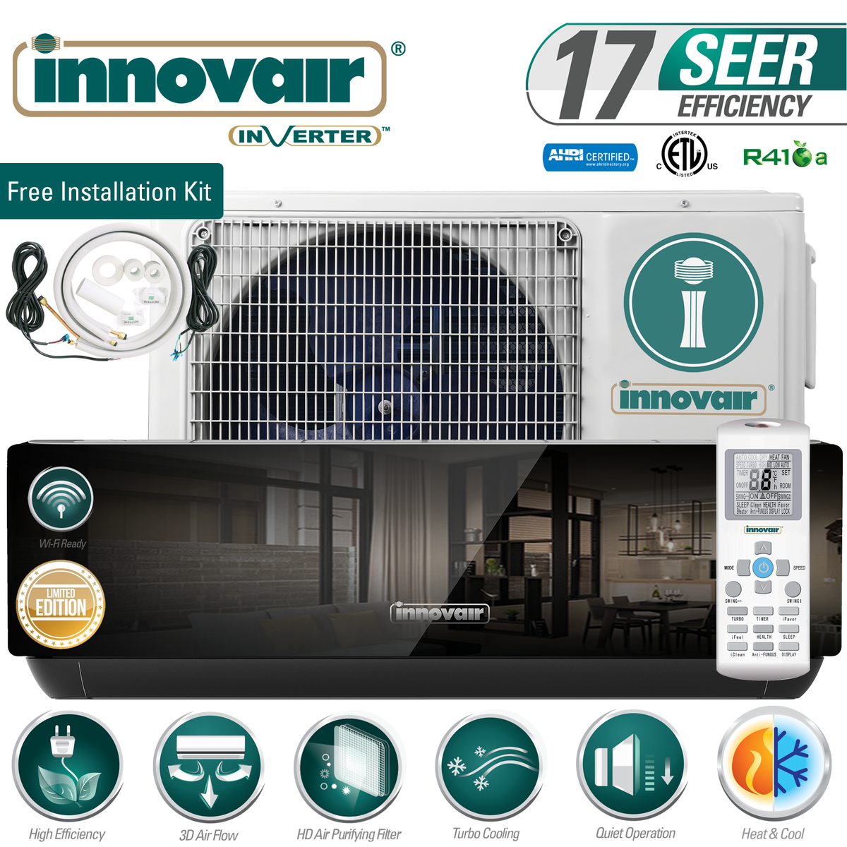 12000 BTU BLACK PANEL Mini Split AC Heat Pump Ductless 115V INNOVAIR 17 SEER