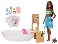 Barbie GJN33 - Wellnesstag Puppe (BrüNett) Und Spielset, Mit Badewanne, HüNdchen