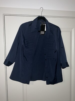 Womens Top Blouse Size PL Blue Button Down Pleats Stretch New Antilia Femme