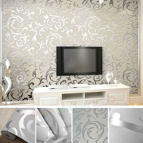 Luxury 3D Victorian Damask Embossed Wallpaper Silver Grey Living Room