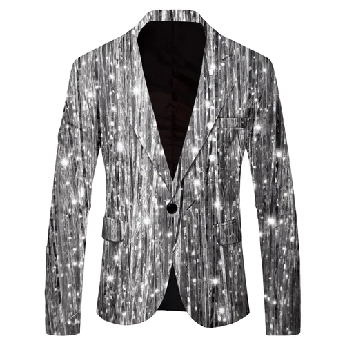 Men's Shiny Long Sleeve Lapel Bling One Button Suit Party Banquet Prom Jacket - Picture 10 of 26