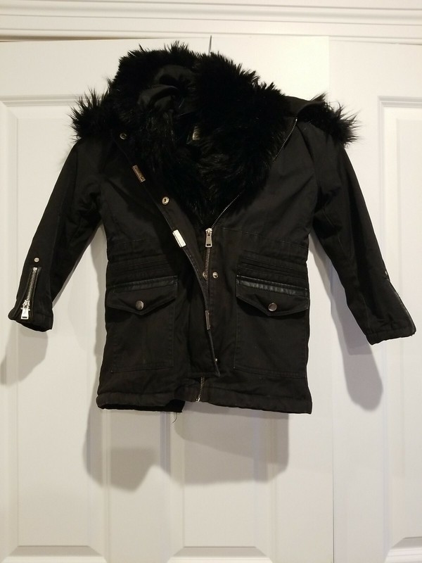 Girls River Island Black Winter Coat With Detachable Faux Fur Hood + Trim, Sz 7