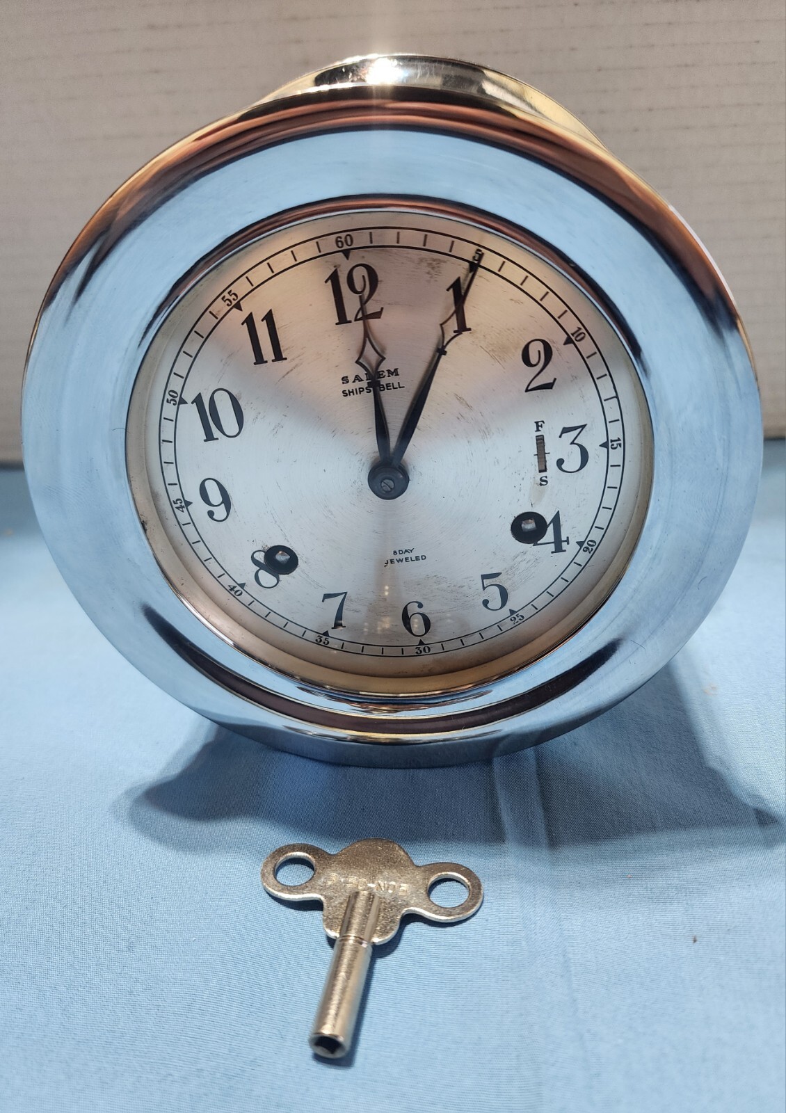 Vintage RARE SALEM SHIPS BELL CLOCK Heavy Chrome 8DAY JEWELED KEY Works