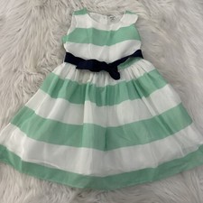 Carter  s Girls 4T Green Striped Dress Tie waist Button Back Classic Coastal