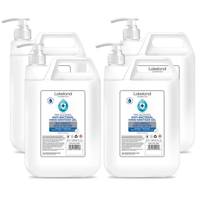 LAKELAND COSMETICS 70% Alcohol Hand Sanitiser Gel With Pump Dispenser 4 x 5L Litre 20L Santizer
