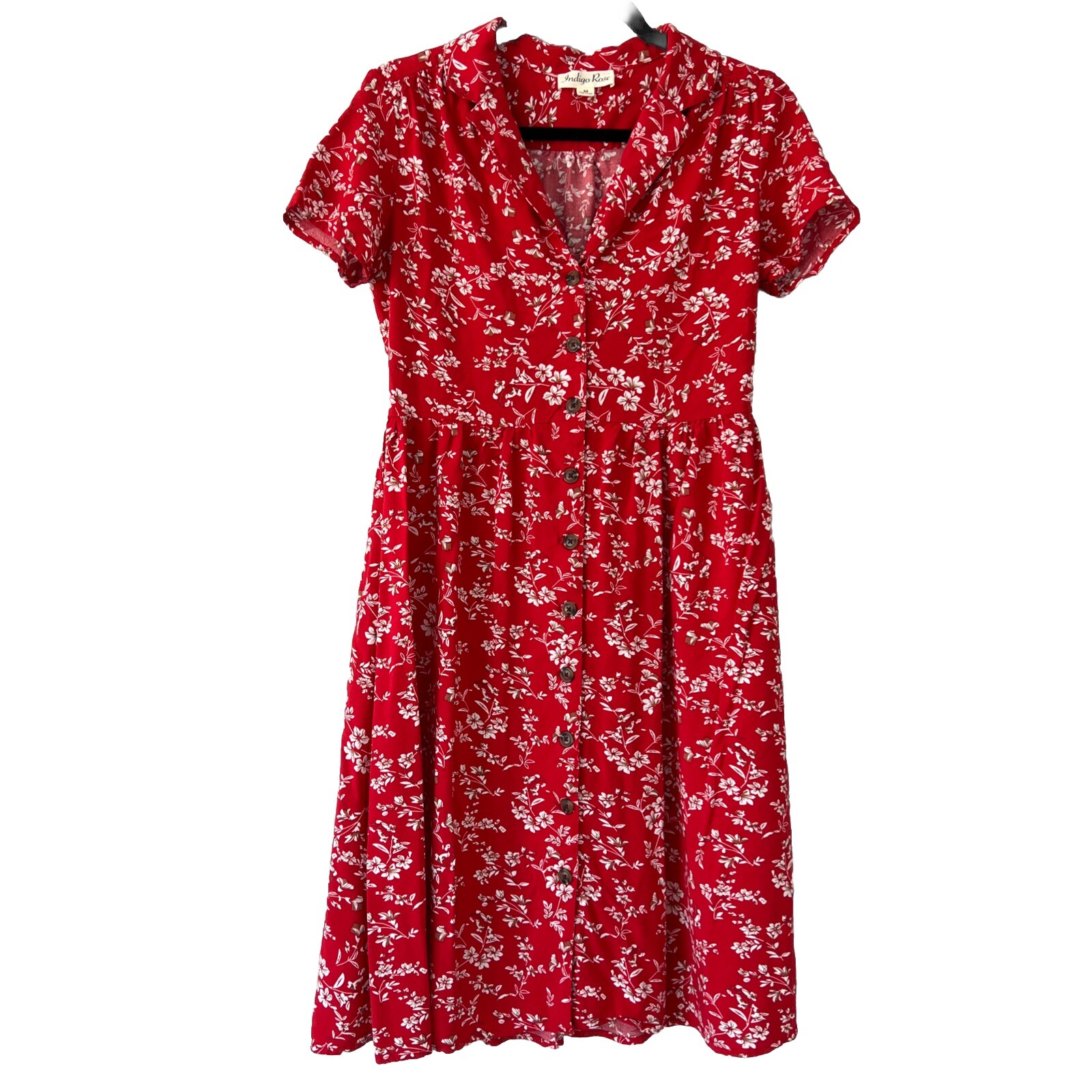 Indigo Rose Midi Dress Womens Medium Red White Floral Button Down Cottagecore