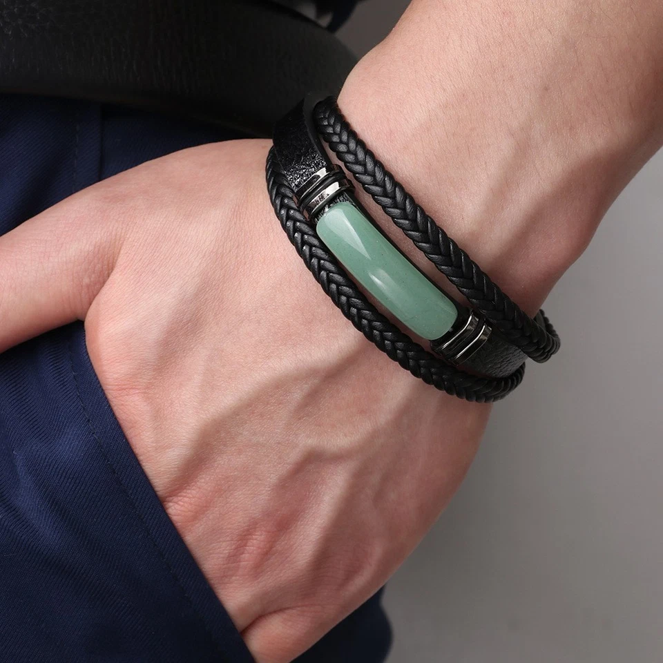 Brazalete magnético de cuero de acero inoxidable trenzado aventurina verde para hombre Foto 3 de 3