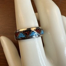 Vintage Native Sterling Silver Turquoise Coral Band Ring Triangle Design Sz 8
